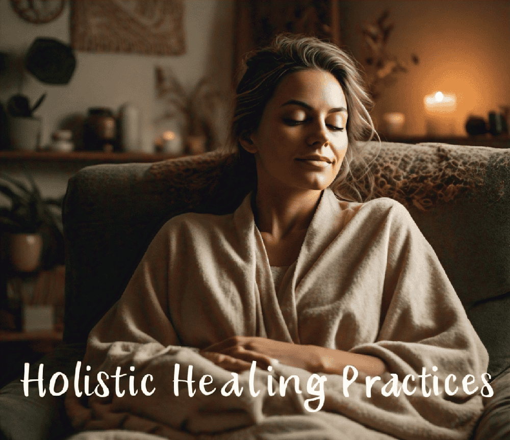 A visual representation of various holistic practices, including meditation, energy healing, and the use of Rudraksha, promoting a comprehensive approach to emotional health 1